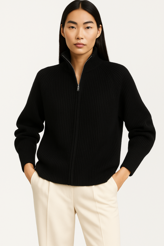 Cashmere Zip-Up Sweater Tailored Fit for Women | Sylvaine Black