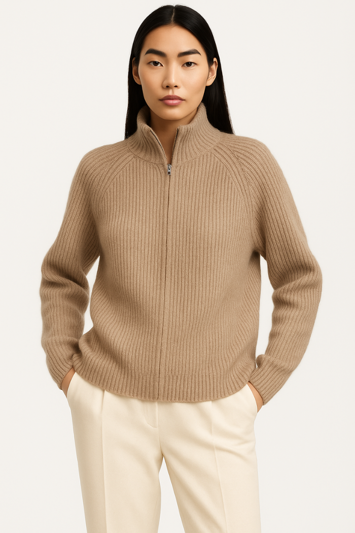 Cashmere Zip-Up Sweater Tailored Fit for Women | Sylvaine Camel