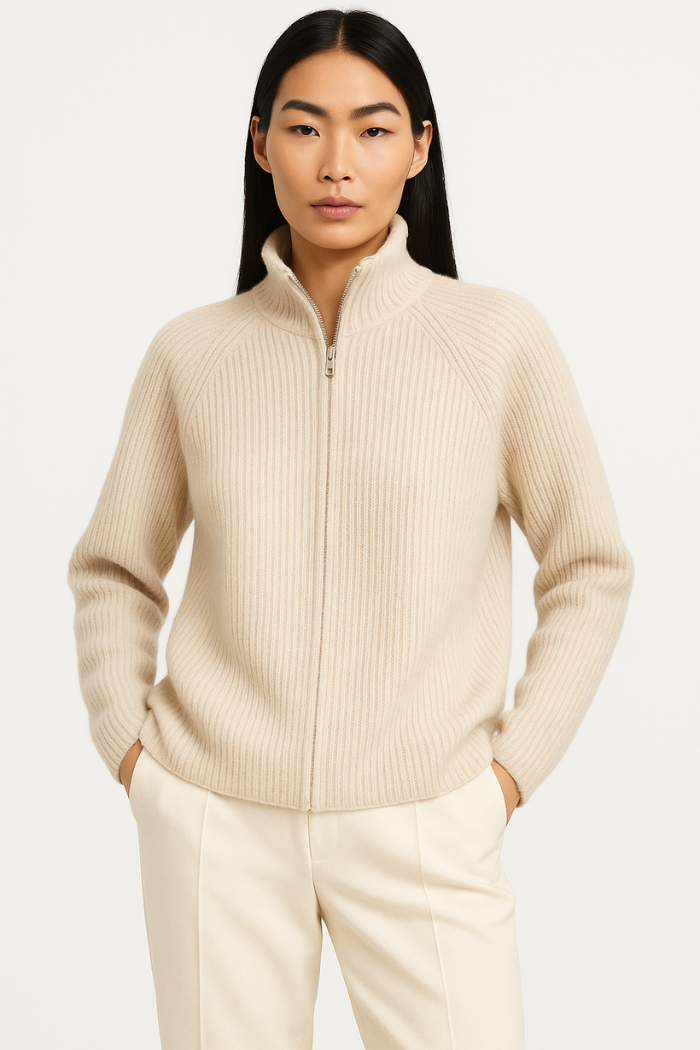 Cashmere Zip-Up Sweater Tailored Fit for Women | Sylvaine Beige