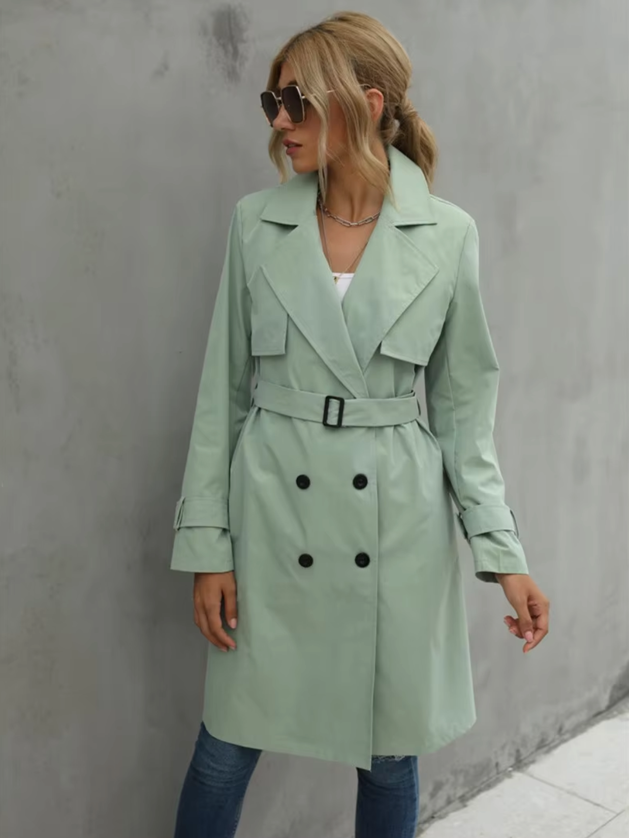 Trellis | Classic Double Breasted Black Trench Coat Green