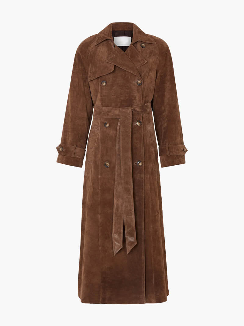 Trellis | Long Belted Black Trench Coat with Lapel Collar Brown