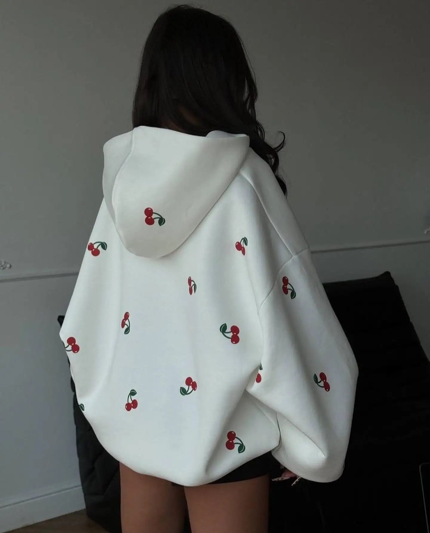 Trendy Oversized Cherry Print Zip-Up Hoodie for Women | Charlene 5 - White