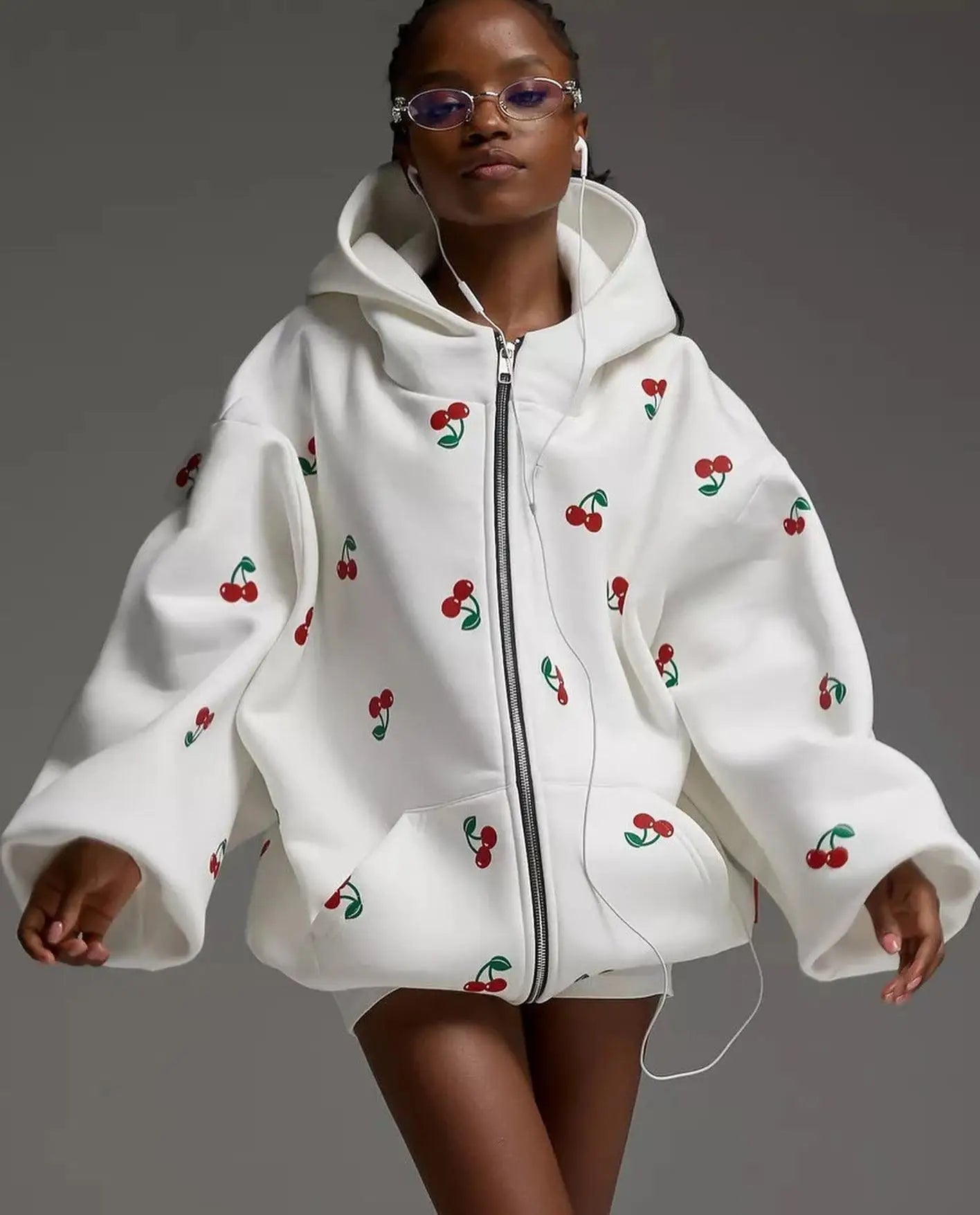 Trendy Oversized Cherry Print Zip-Up Hoodie for Women | Charlene