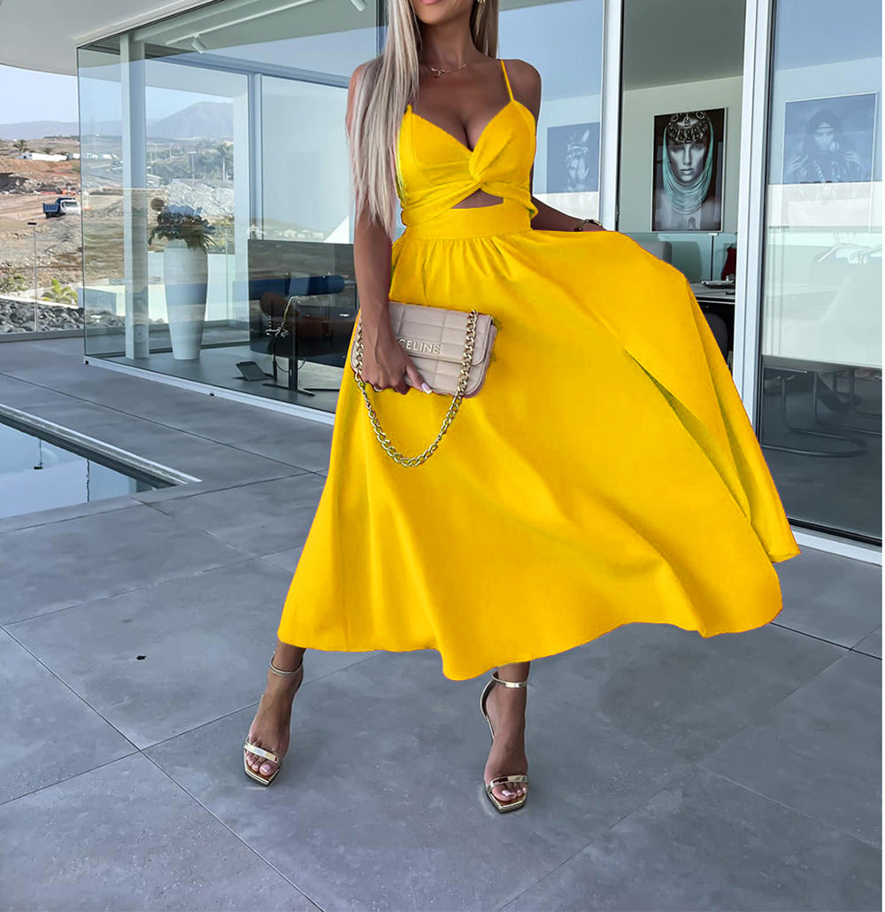Twist Front Cutout Midi Dress for Women | Dimples Yellow