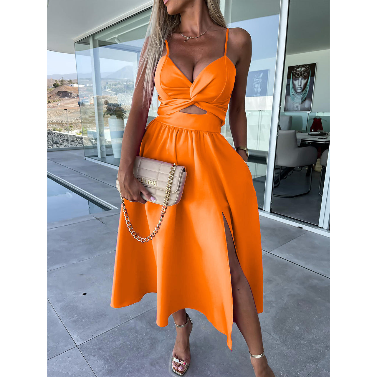 Twist Front Cutout Midi Dress for Women | Dimples Orange