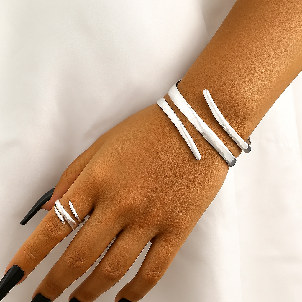 Twisted Open Cuff Bracelet and Ring Set for Women | Myrtle Silver