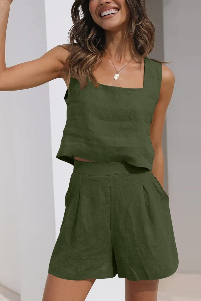 Linen Two-Piece Set with Pleated Shorts for Women | Vistara Army Green