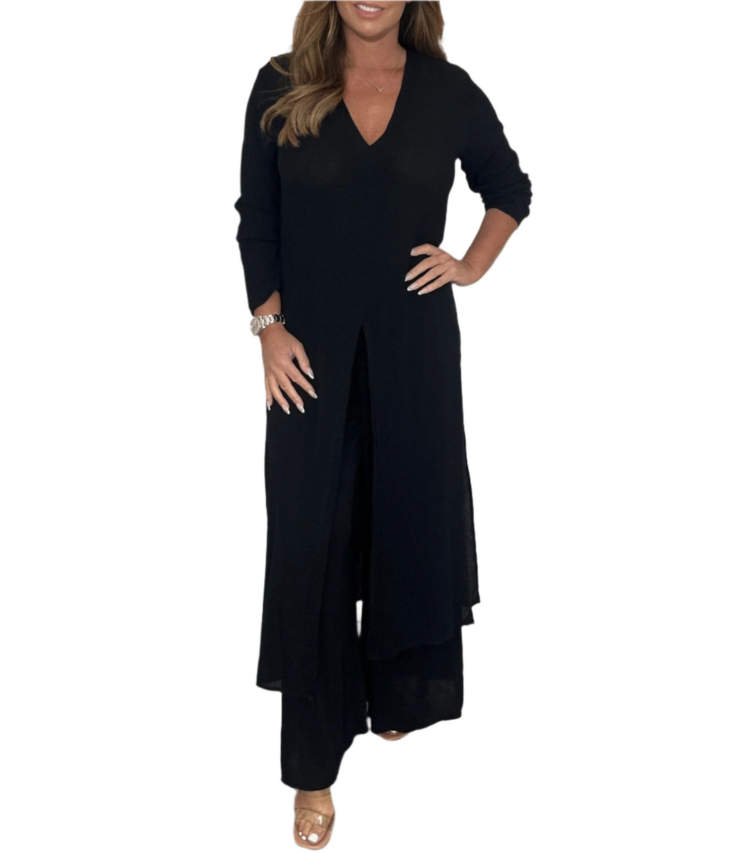 Two-Piece Longline Tunic and Wide-Leg Pants Set for Women | Gaia Black