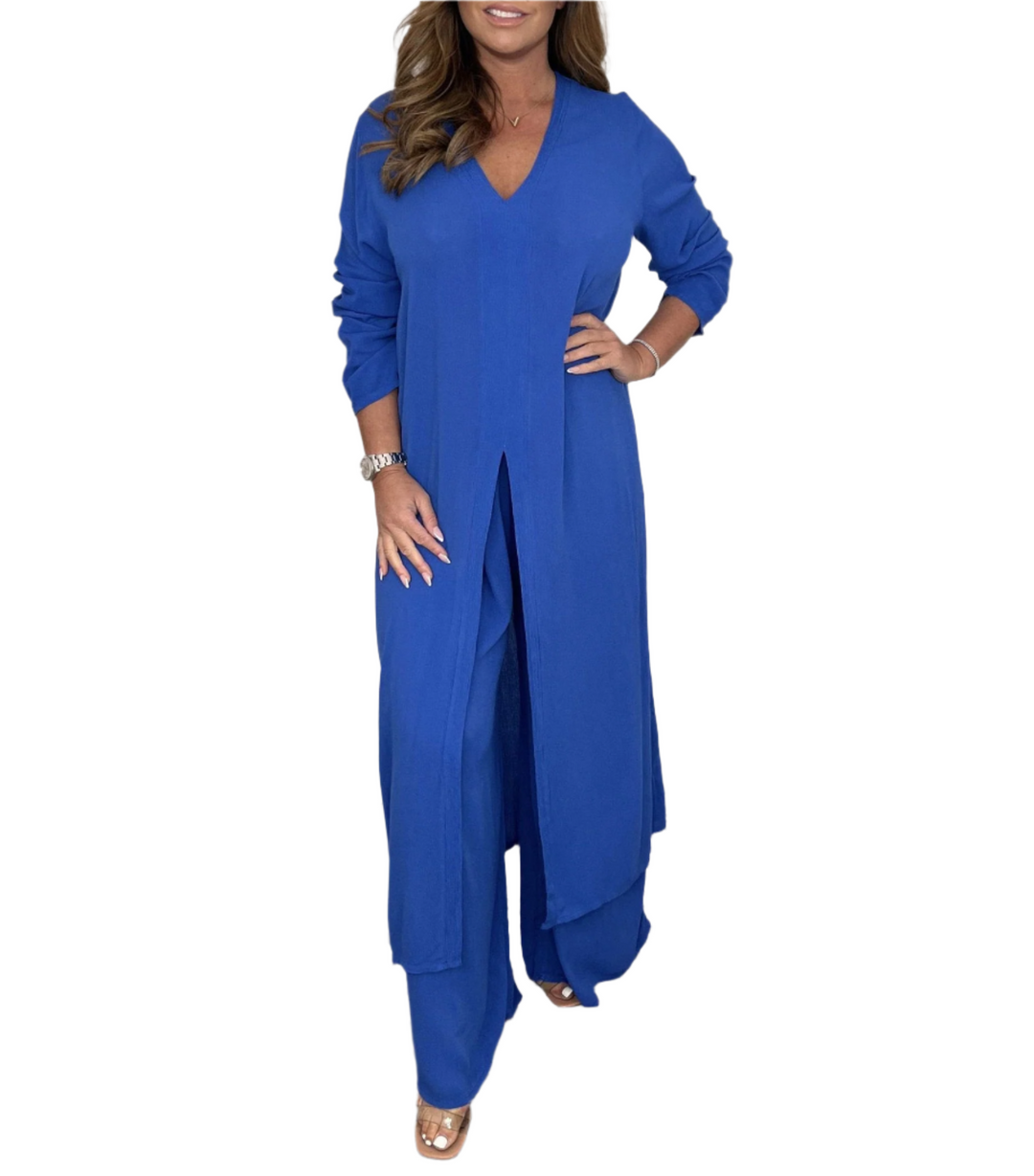 Two-Piece Longline Tunic and Wide-Leg Pants Set for Women | Gaia Blue