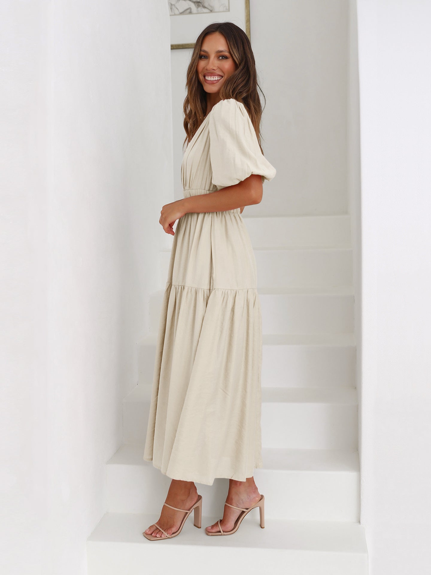 V-Neck Puff Sleeve Midi Dress for Women | Emilia