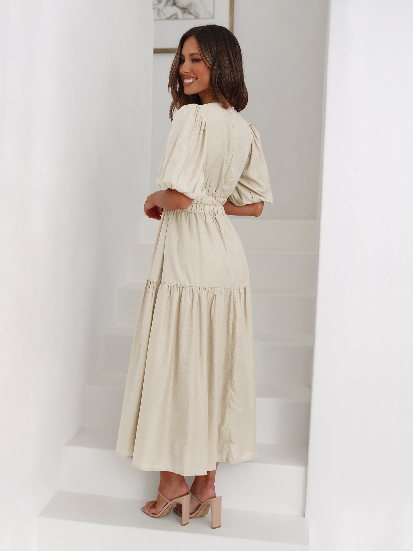 V-Neck Puff Sleeve Midi Dress for Women | Emilia