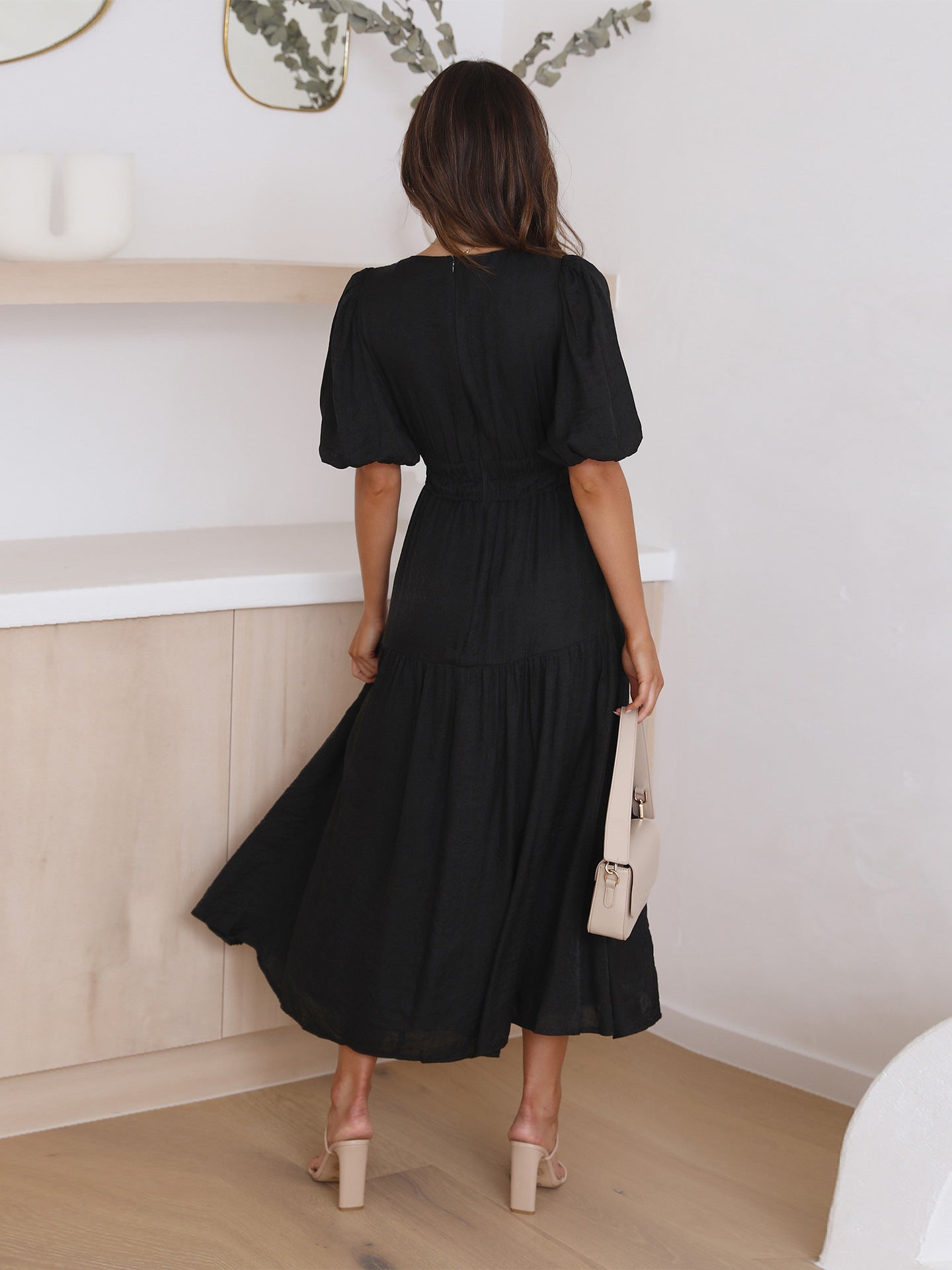 V-Neck Puff Sleeve Midi Dress for Women | Emilia