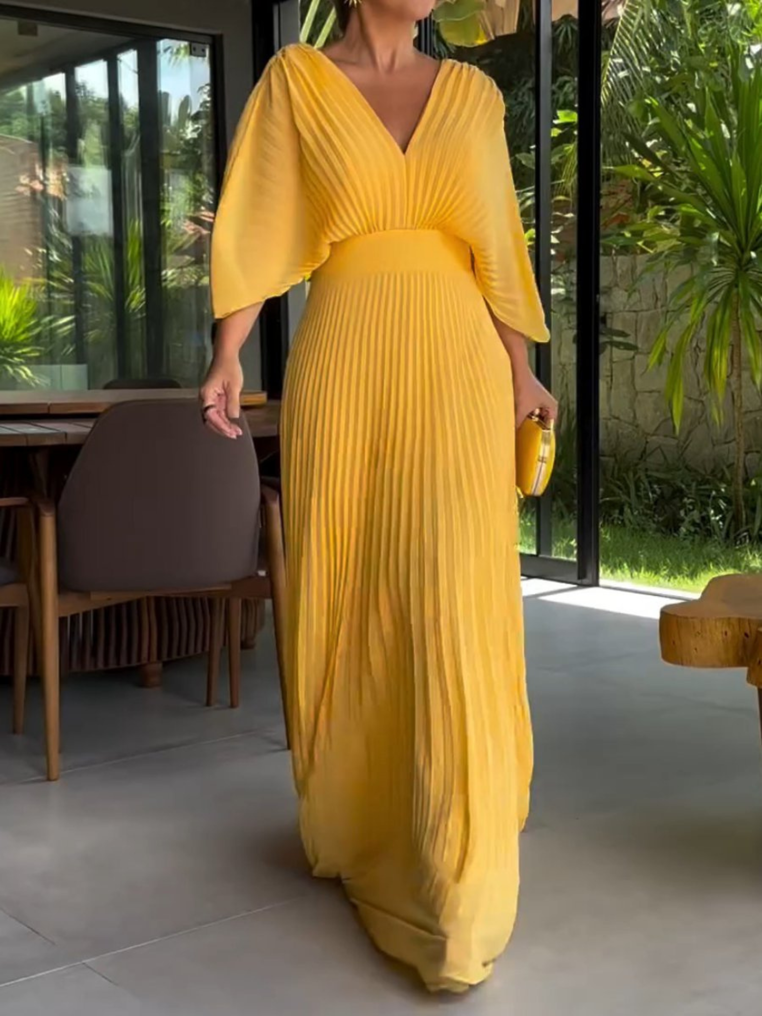 Vibrant Pleated Maxi Dress For Women | Liora Yellow