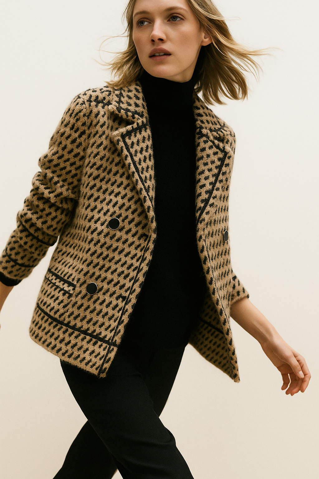 Vimora | Cropped Houndstooth Knit Jacket Camel