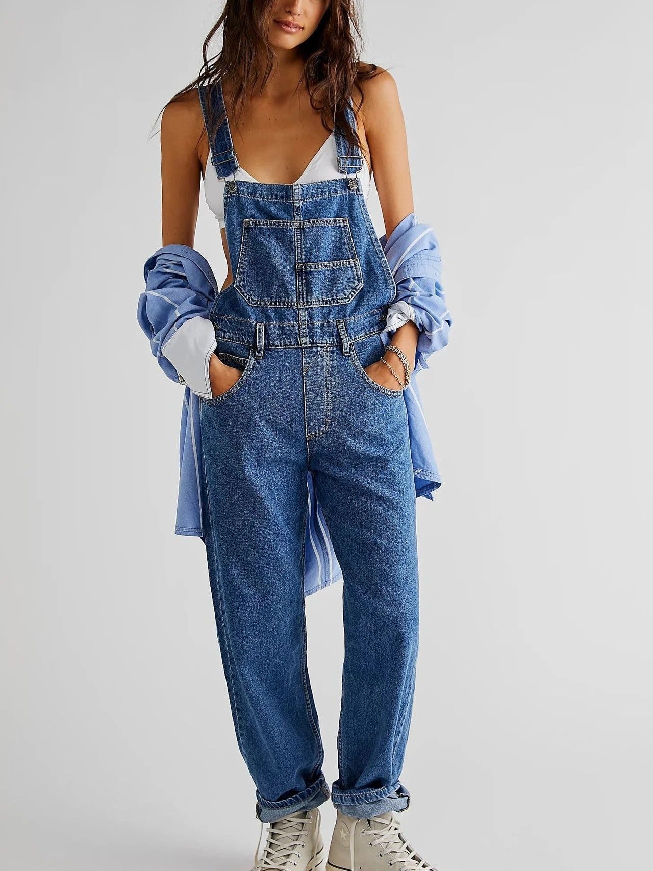 Vintage Loose-Fit Denim Overalls for Women | Riley Dark Blue