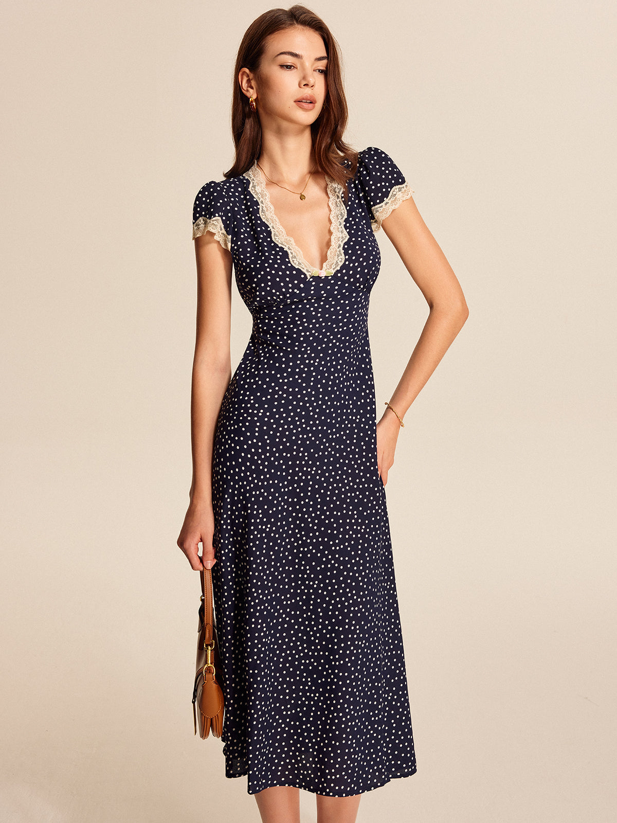 Vintage Polka Dot Lace Trim Midi Dress for Women | Colette