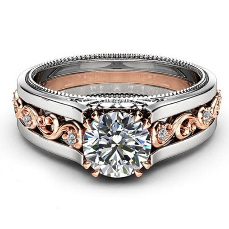 Vintage Two-Tone Ring with Round Cut Crystal for Women | Celestina Rose gold & Silver