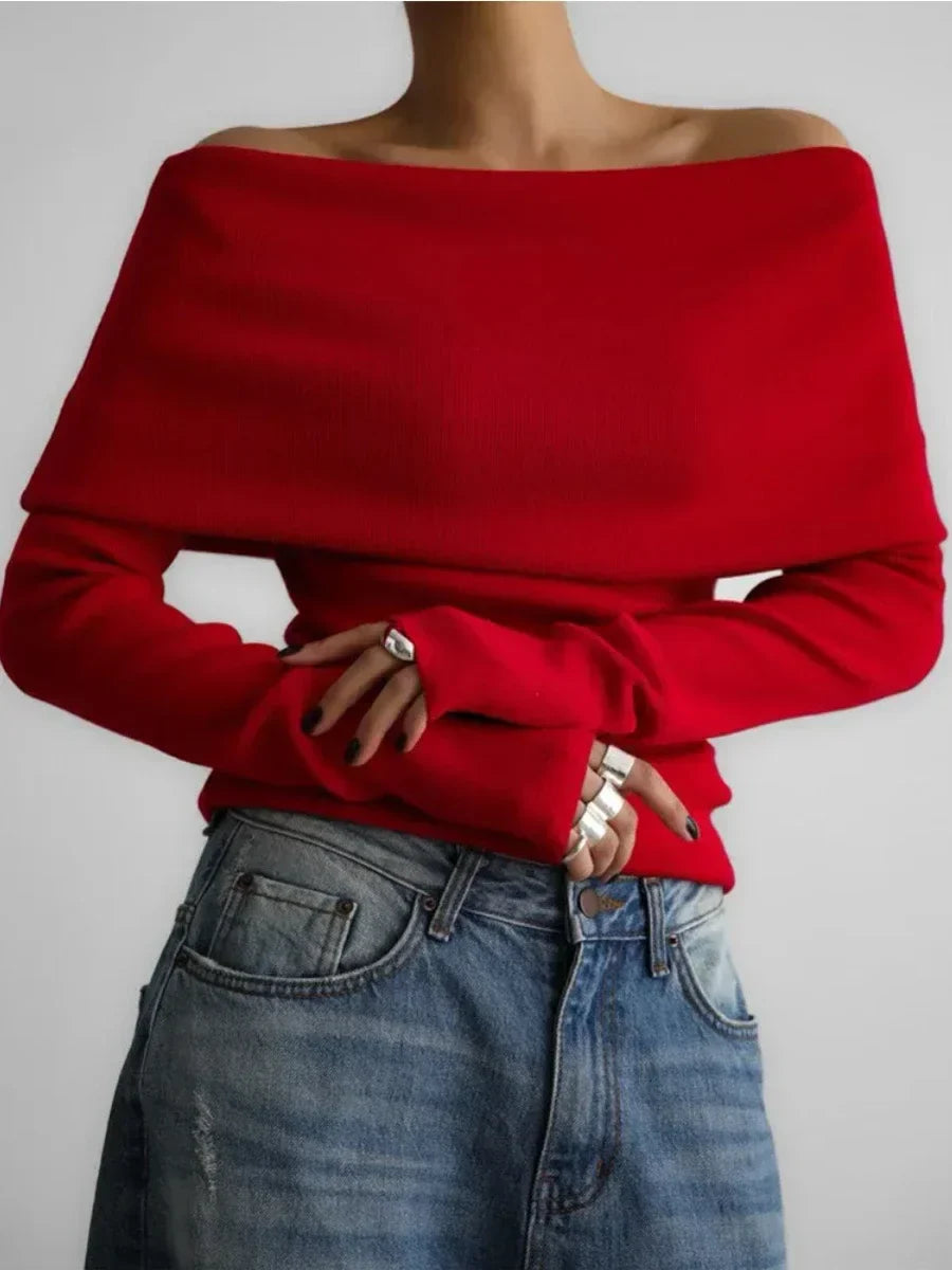 Off-Shoulder Sweater Lightweight Fit for Women | Virell Red