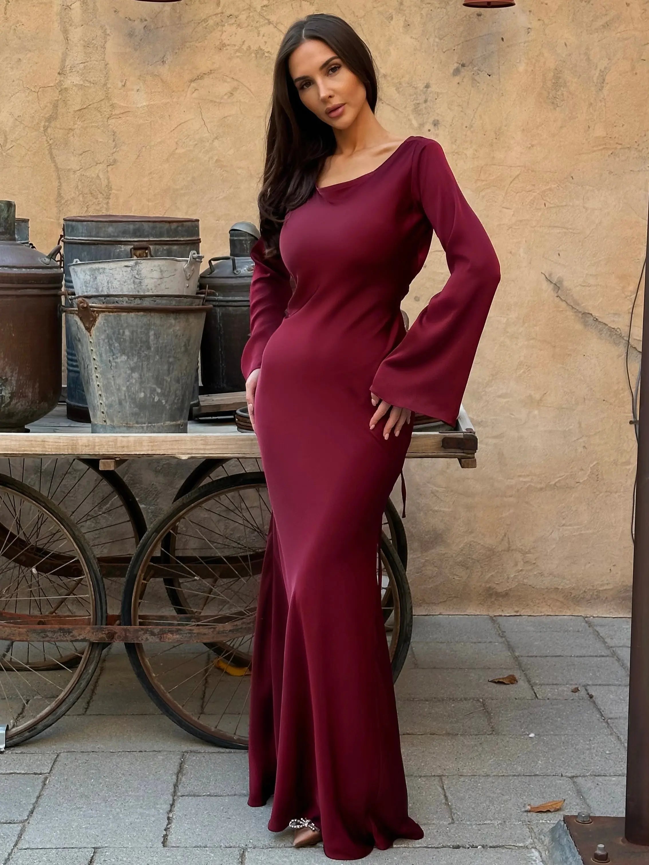Elegant Long Sleeve Maxi Dress for Women | Virelle Burgundy