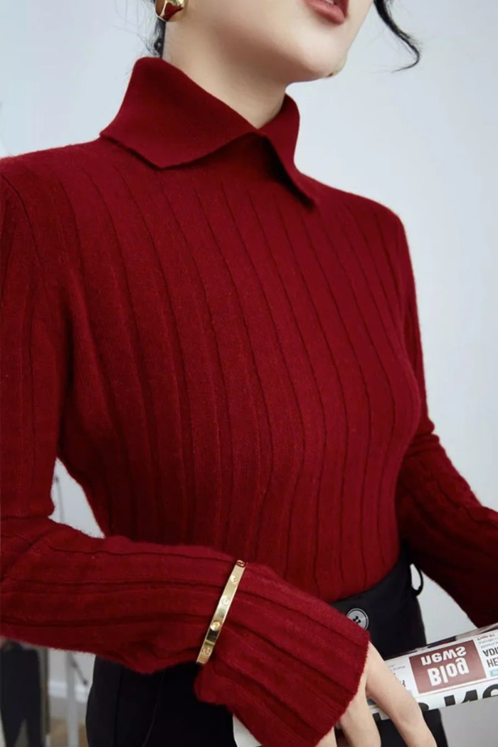 Long Sleeve Knit Polo Casual Fit for Women | Vivienne Red