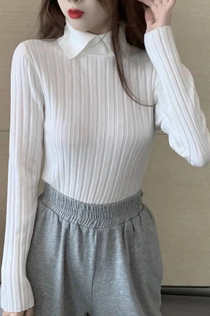 Long Sleeve Knit Polo Casual Fit for Women | Vivienne White