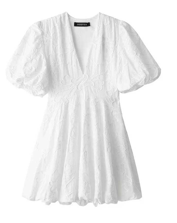 White Puff Sleeve Embroidered Mini Dress for Women | Olive