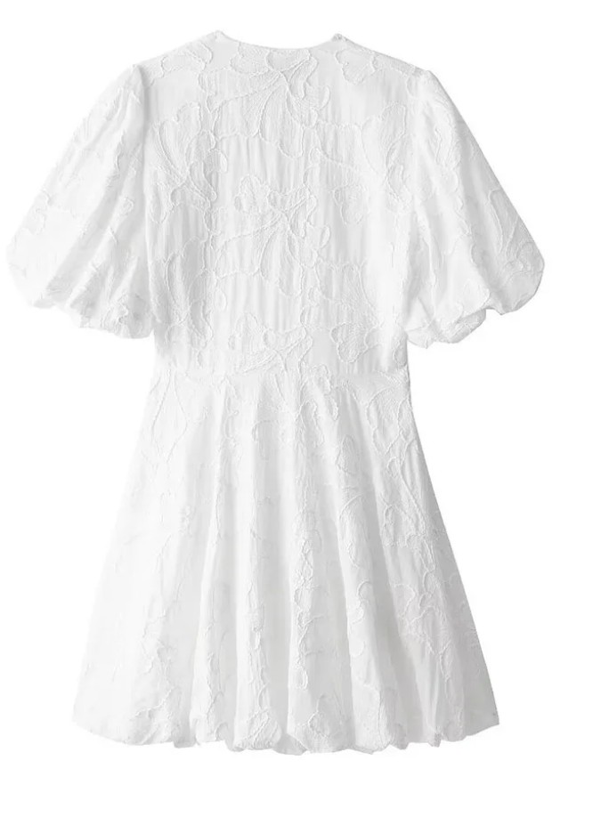 White Puff Sleeve Embroidered Mini Dress for Women | Olive