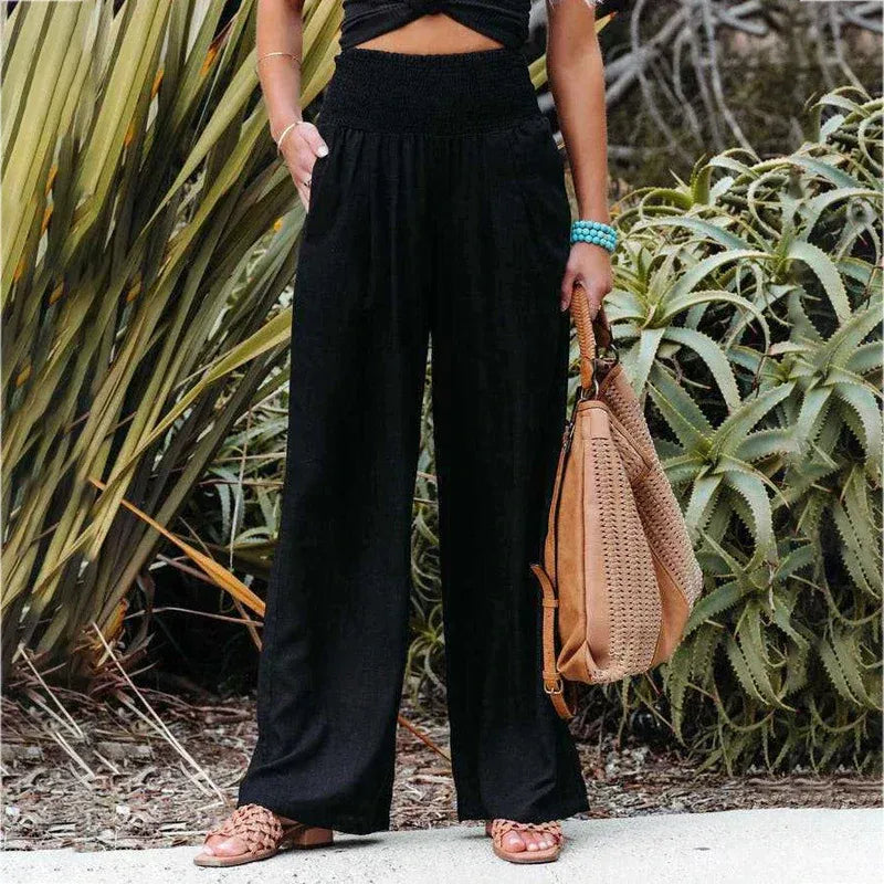 Wide Leg Linen Trousers for Women | Rose Black