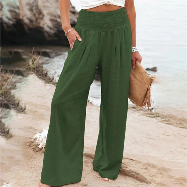 Wide Leg Linen Trousers for Women | Rose Dark Green