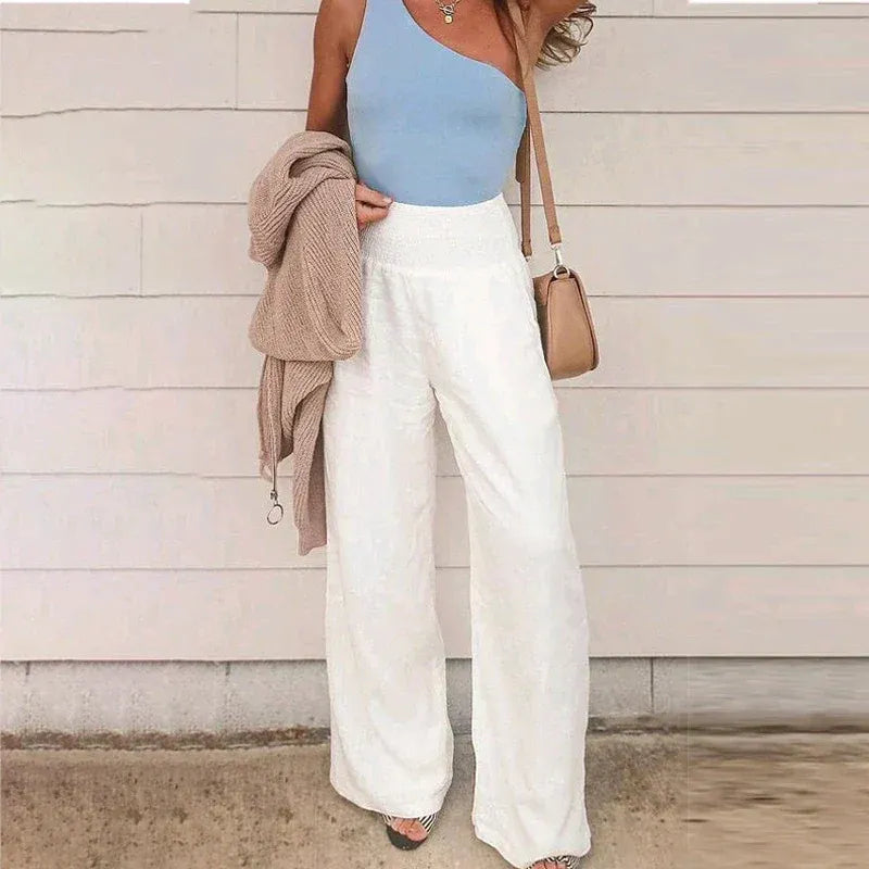 Wide Leg Linen Trousers for Women | Rose White