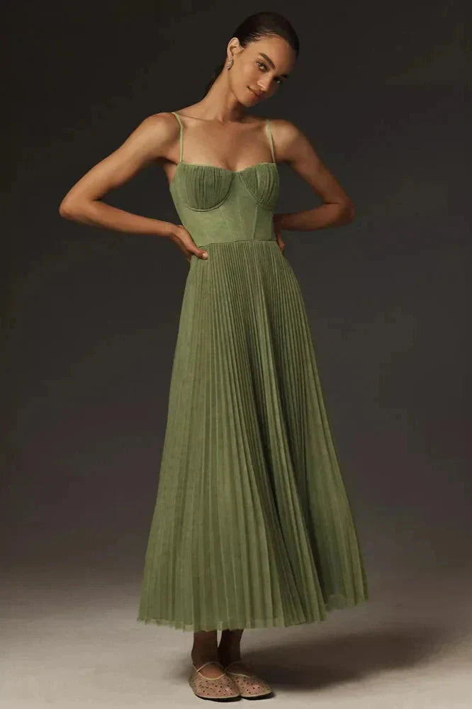 Wivina | Pleated Green Maxi Wedding Guest Dress Green