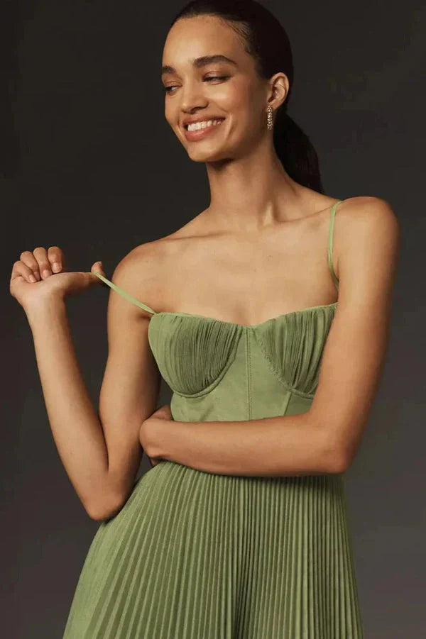 Wivina | Pleated Green Maxi Wedding Guest Dress
