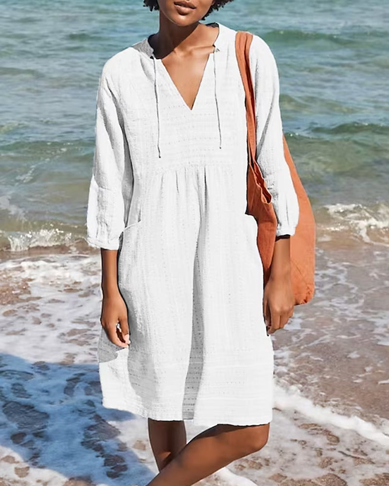 Women Casual Beach Tunic Dress with V-Neck and Pockets | Carissa White