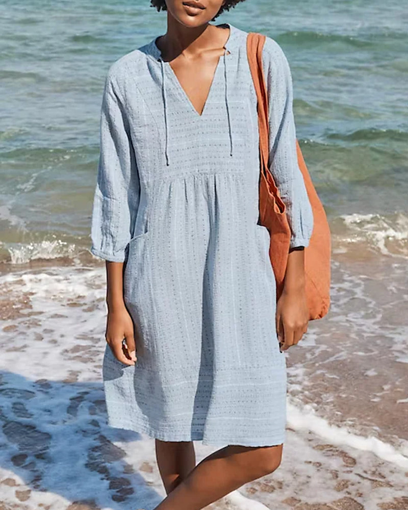 Women Casual Beach Tunic Dress with V-Neck and Pockets | Carissa Blue