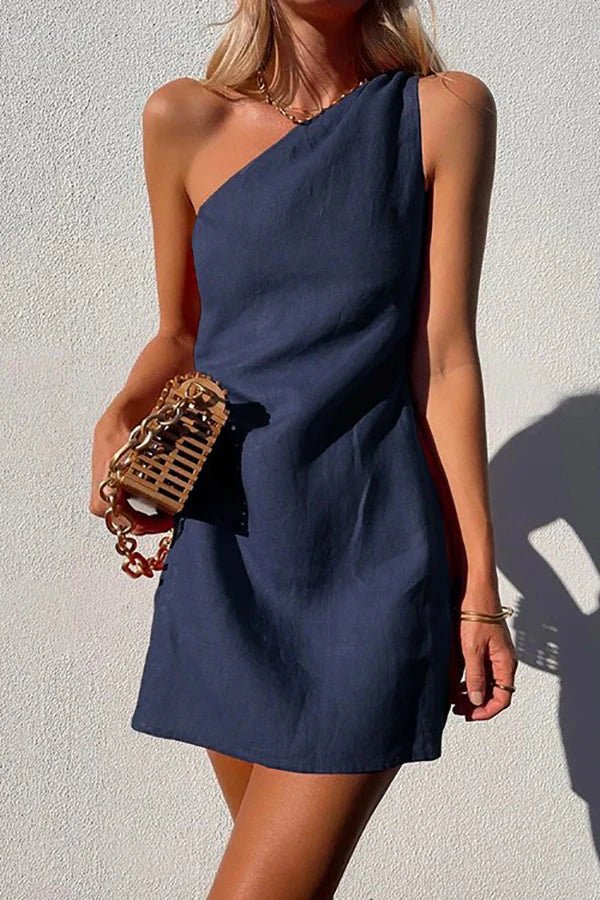 Women One Shoulder Mini Dress | Selena Navy Blue