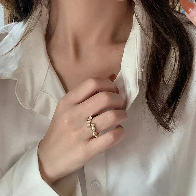 Gold Bamboo-Inspired Adjustable Ring for Women | Aurelia