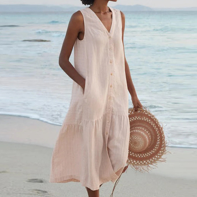Sleeveless V-Neck Button-Down Midi Dress with Pockets for Women | Zephyra Khaki