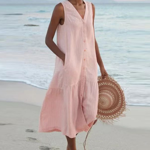 Sleeveless V-Neck Button-Down Midi Dress with Pockets for Women | Zephyra Pink