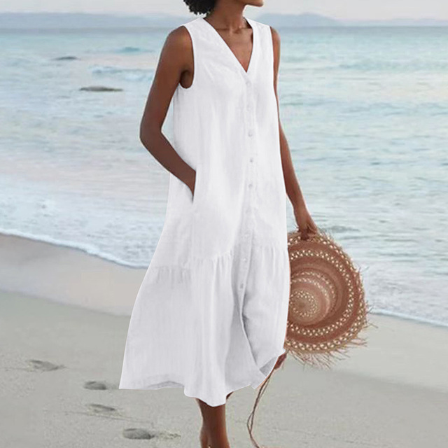 Sleeveless V-Neck Button-Down Midi Dress with Pockets for Women | Zephyra White