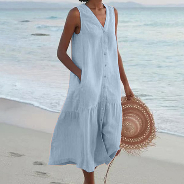 Sleeveless V-Neck Button-Down Midi Dress with Pockets for Women | Zephyra Blue
