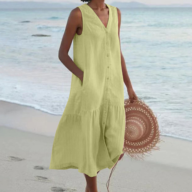 Sleeveless V-Neck Button-Down Midi Dress with Pockets for Women | Zephyra Green
