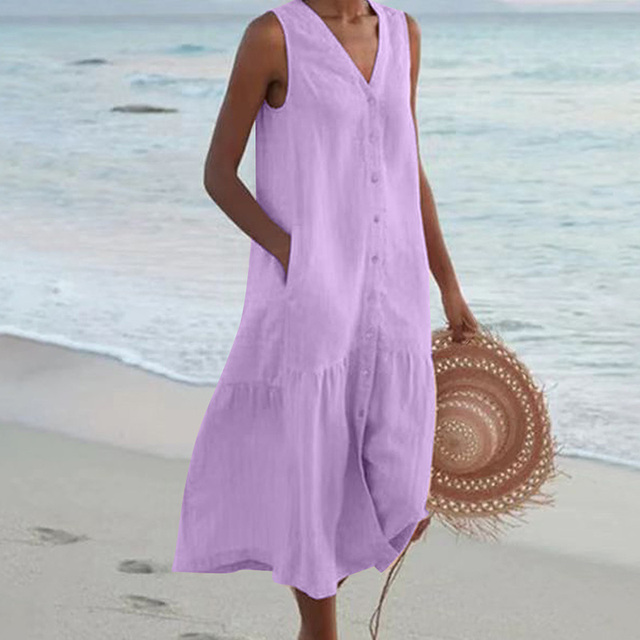 Sleeveless V-Neck Button-Down Midi Dress with Pockets for Women | Zephyra Purple