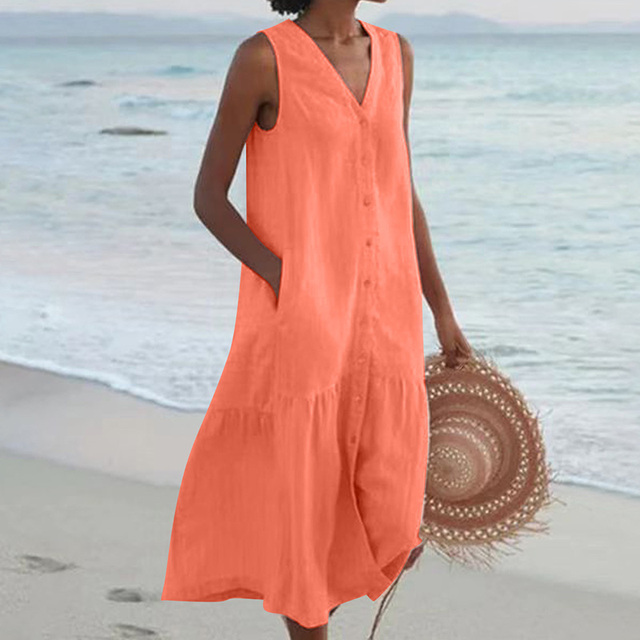 Sleeveless V-Neck Button-Down Midi Dress with Pockets for Women | Zephyra Orange