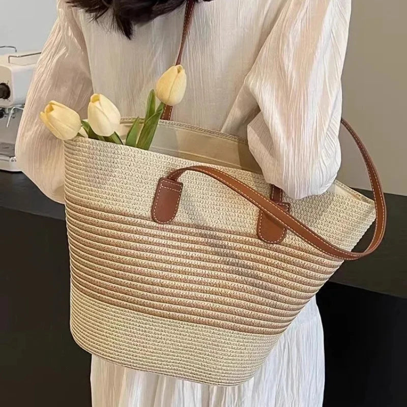 Woven Straw Beach Bag For Women | Lirena Beige-Brown stripes One Size