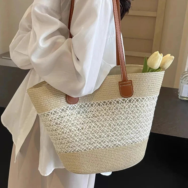Woven Straw Beach Bag For Women | Lirena Beige-Hollow One Size