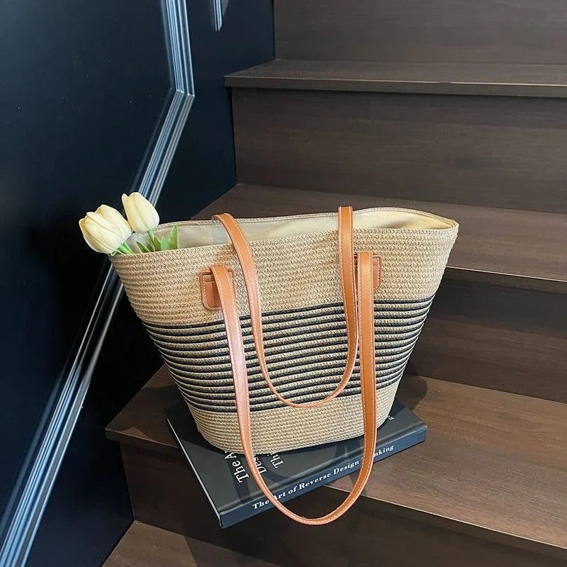 Woven Straw Beach Bag For Women | Lirena Beige-Black stripes One Size