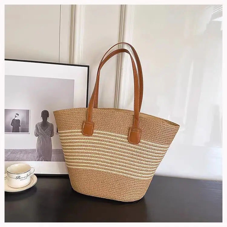 Woven Straw Beach Bag For Women | Lirena Brown-Beige stripes One Size
