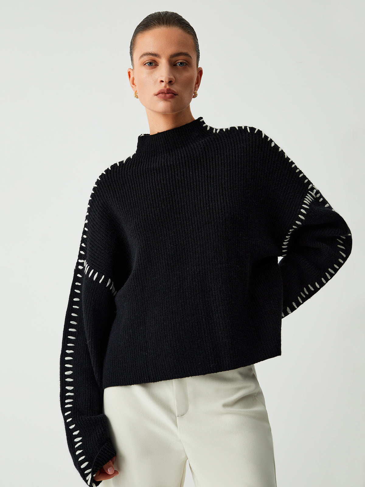 Oversized Mock Neck Sweater Comfortable Fit for Women | Xalyn Black