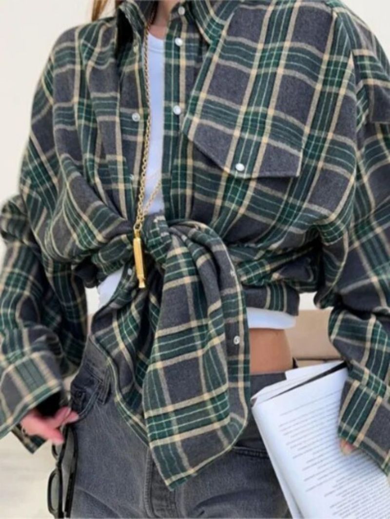 Plaid Button Down Shirt Oversized Fit for Women | Zerok Dark Green