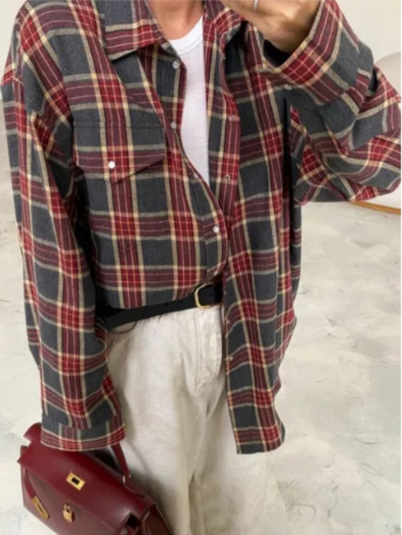 Plaid Button Down Shirt Oversized Fit for Women | Zerok Orange Red